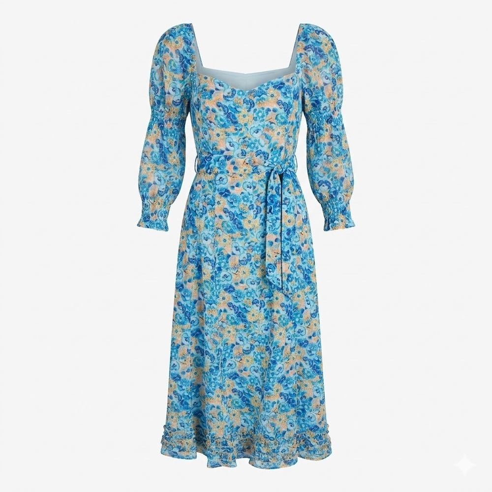 Paloma Blue MEDIUM Garden Dress Blue Floral Pansy Belted Smocked Midi Dress - CJ